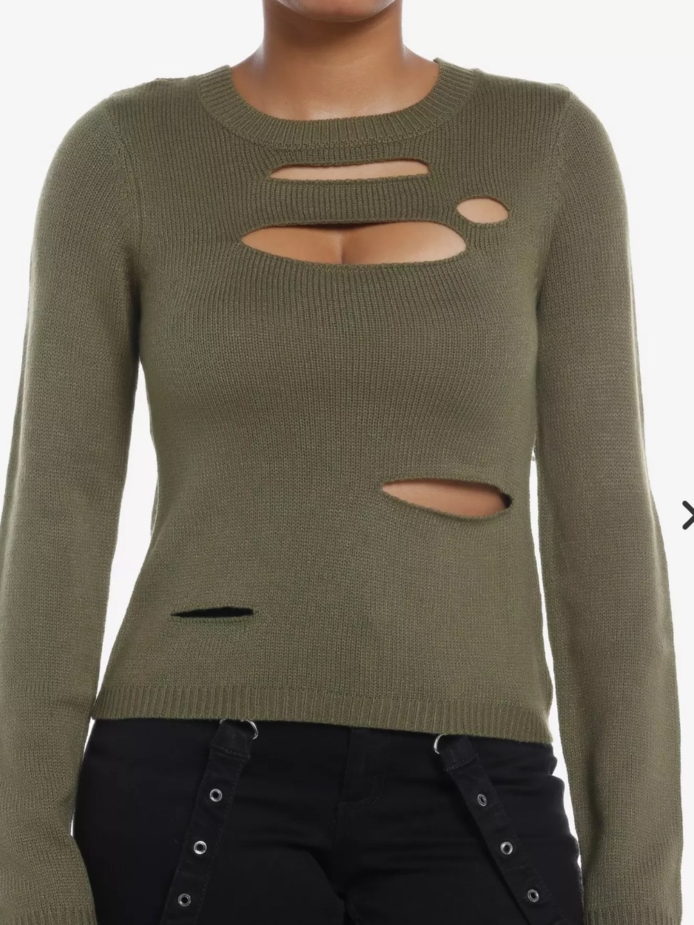 Social Collision Olive Distressed Cutout Girls Sweater.  See Measurements